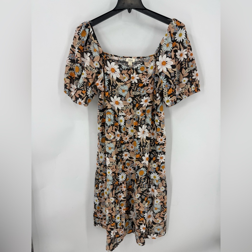 Ana a new approach cotton blend floral print tiered midi Dress with pockets L